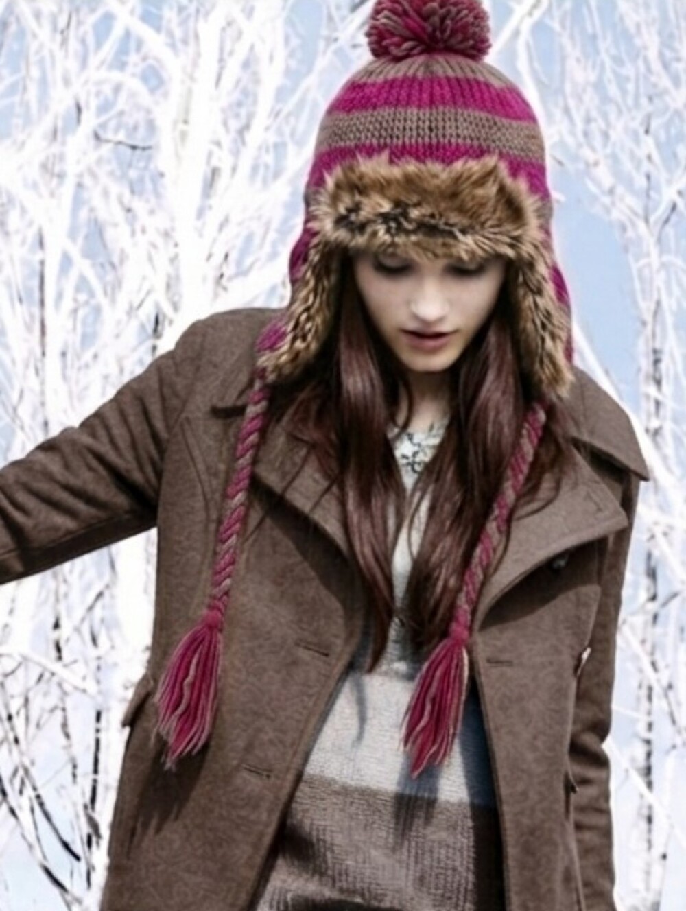 American Eagle Trapper Hat Striped Wool Alpaca Faux Fur Brown Pink Knit Winter